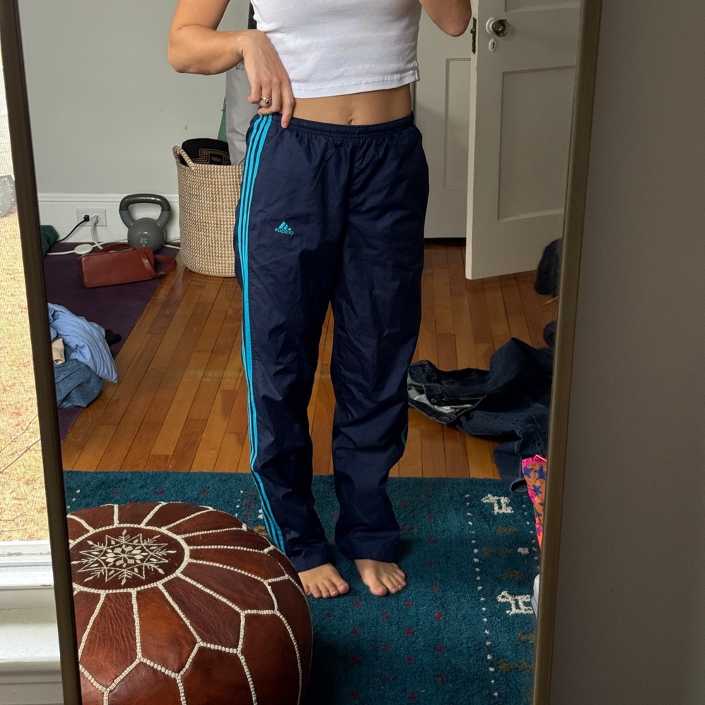 Adidas Navy Track Pants with Turquoise Stripes